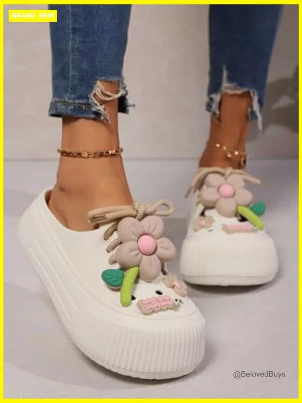 Platform Slide Sandals with Bow and Flower Charms, Cushioned Footbed